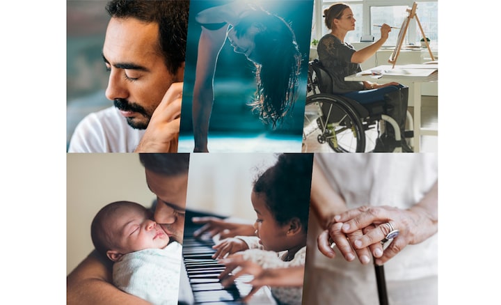 Image of a person holding a baby, a child learning to play piano and a person leaning on a walking stick