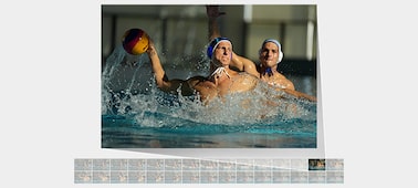 Example image showing a man about to shoot the ball in a water polo game, with one of several continuously shot stills at 30 fps highlighted as the best shot