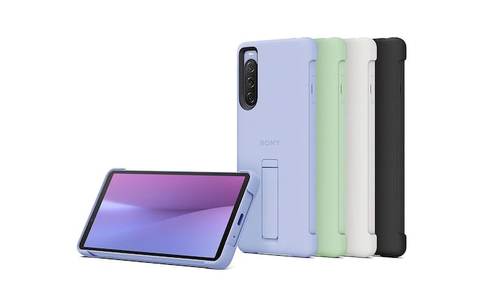 Front shot of an Xperia 10 V in a purple Style Cover with colour options standing behind in purple, green, white and black