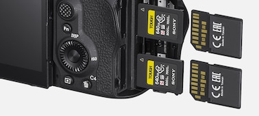 Product image of the camera with CFexpress cards and SD cards