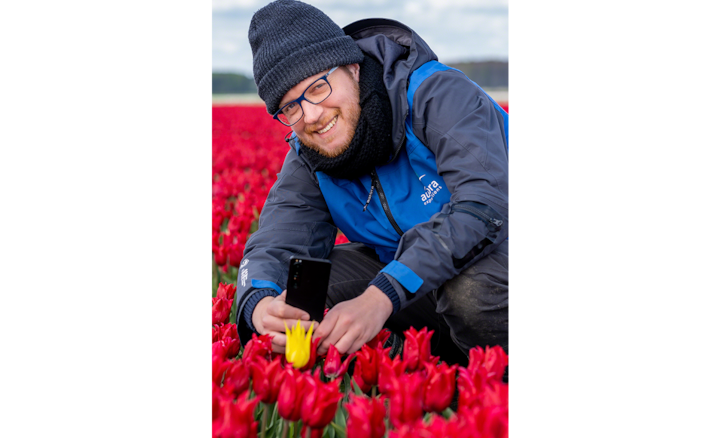 Portrait of photographer Albert Dros using his smartphone to photograph a single yellow tulip in a field of red tulips