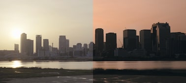 Images of cityscape showing the before and after clolour grading