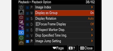 Image of the Photo playback menu display with the option for "Display as Grou" selected