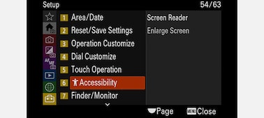 Product image showing “Setup” camera menu with “Accessibility” selected