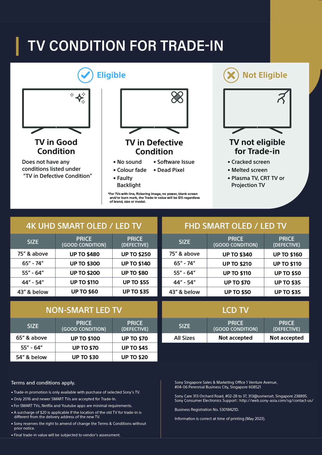 Trade-in your old TV and save! Check out the TV condition for trade-in here.